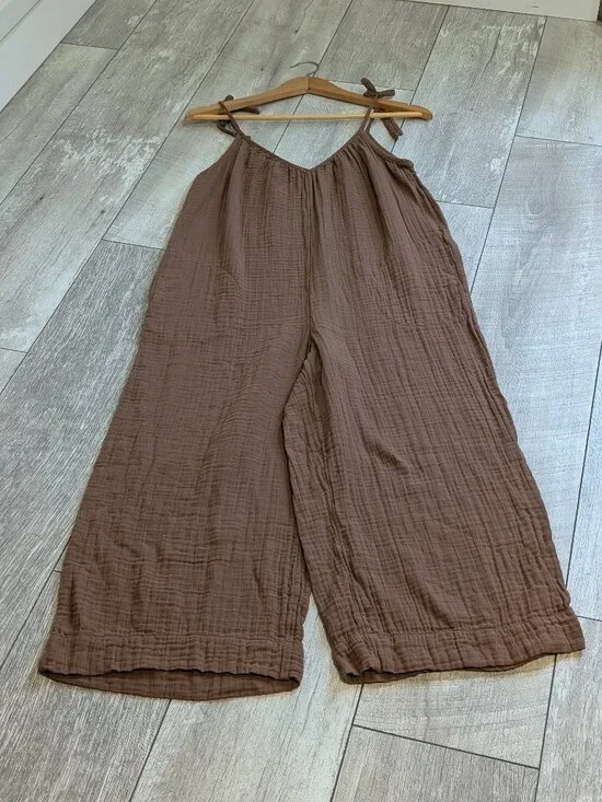 Old Navy Crinkle Gauze Tie Shoulder Jumpsuit Romper Brown Relaxed Wide Leg Boho - Picture 6 of 12
